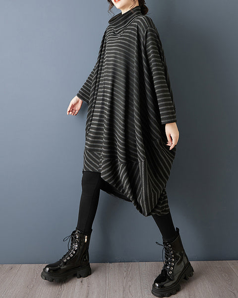 ellazhu Women¡¯s Striped Oversized Turtleneck Sweater Dress Loose Irregular Hem Knit Tunic Pullover GZ853