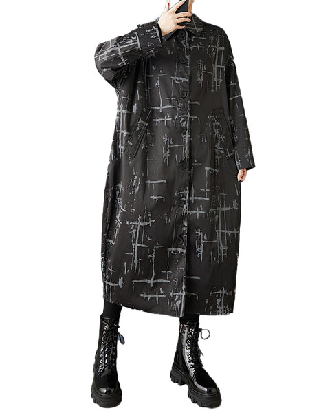 ellazhu Women's Oversized Printed Trench Coat Long Button Down Jacket Loose Lapel Windbreaker Casual Outerwear GZ854