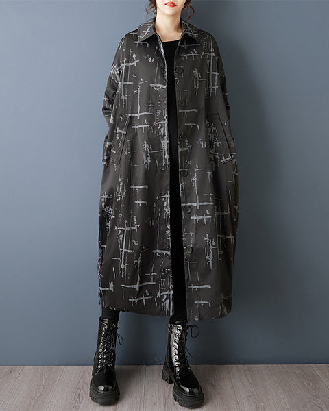 ellazhu Women's Oversized Printed Trench Coat Long Button Down Jacket Loose Lapel Windbreaker Casual Outerwear GZ854