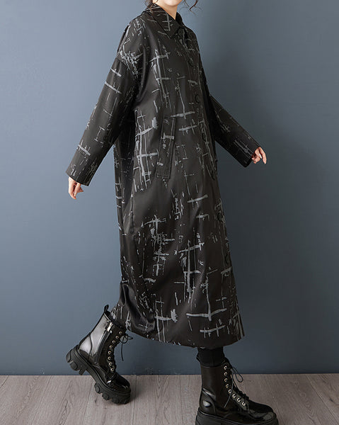ellazhu Women's Oversized Printed Trench Coat Long Button Down Jacket Loose Lapel Windbreaker Casual Outerwear GZ854