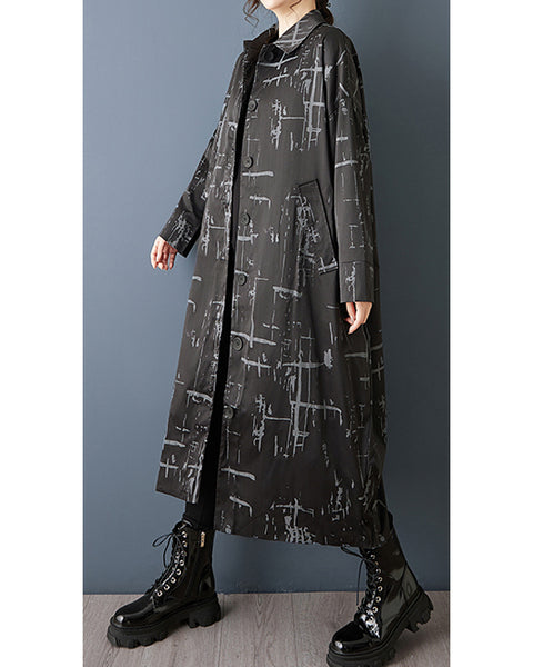 ellazhu Women's Oversized Printed Trench Coat Long Button Down Jacket Loose Lapel Windbreaker Casual Outerwear GZ854