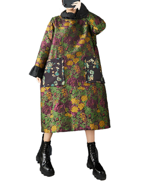 ellazhu Women's Jacquard Floral Dress Oversized High Neck Long Sleeve Vintage Ethnic Loose Maxi Tunic Plus Size Dress GZ856