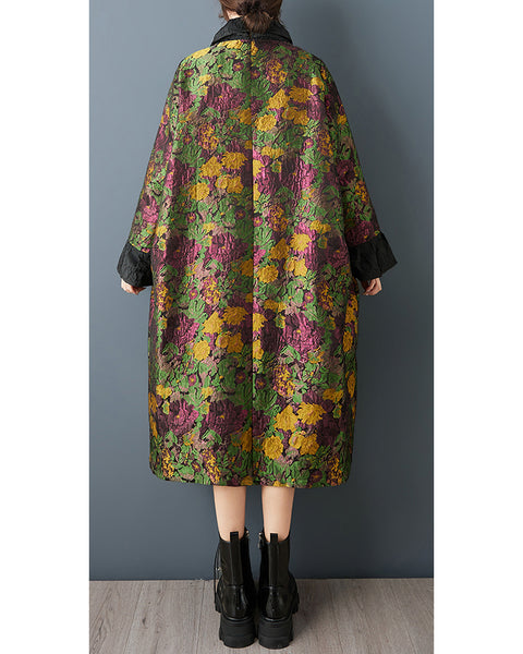 ellazhu Women's Jacquard Floral Dress Oversized High Neck Long Sleeve Vintage Ethnic Loose Maxi Tunic Plus Size Dress GZ856