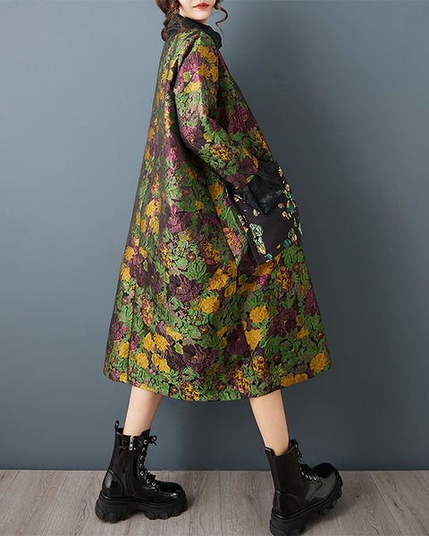 ellazhu Women's Jacquard Floral Dress Oversized High Neck Long Sleeve Vintage Ethnic Loose Maxi Tunic Plus Size Dress GZ856