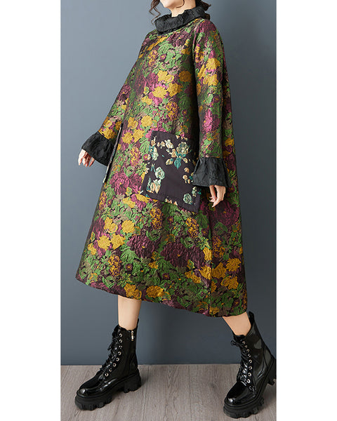 ellazhu Women's Jacquard Floral Dress Oversized High Neck Long Sleeve Vintage Ethnic Loose Maxi Tunic Plus Size Dress GZ856