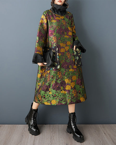 ellazhu Women's Jacquard Floral Dress Oversized High Neck Long Sleeve Vintage Ethnic Loose Maxi Tunic Plus Size Dress GZ856