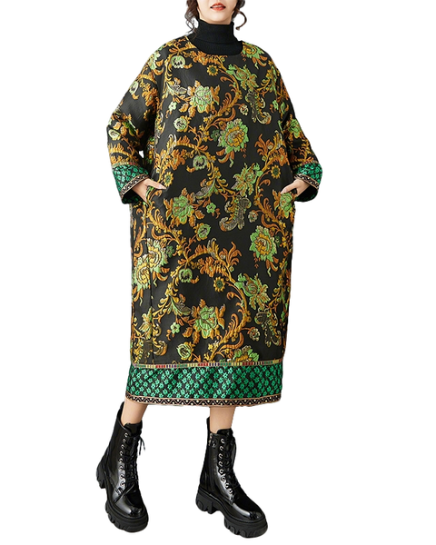 ellazhu Women's Jacquard Floral Dress Oversized Long Sleeve Vintage Ethnic Loose Midi Tunic Plus Size Layered Pocket GZ857