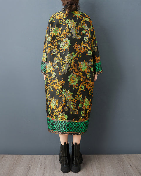 ellazhu Women's Jacquard Floral Dress Oversized Long Sleeve Vintage Ethnic Loose Midi Tunic Plus Size Layered Pocket GZ857