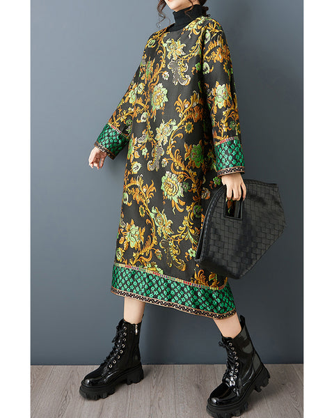 ellazhu Women's Jacquard Floral Dress Oversized Long Sleeve Vintage Ethnic Loose Midi Tunic Plus Size Layered Pocket GZ857