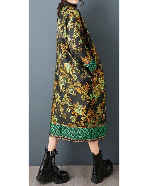 ellazhu Women's Jacquard Floral Dress Oversized Long Sleeve Vintage Ethnic Loose Midi Tunic Plus Size Layered Pocket GZ857