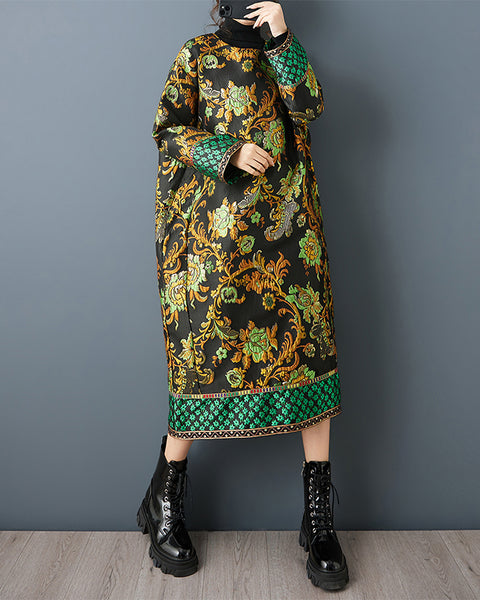 ellazhu Women's Jacquard Floral Dress Oversized Long Sleeve Vintage Ethnic Loose Midi Tunic Plus Size Layered Pocket GZ857