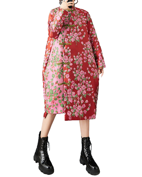 ellazhu Women's Jacquard Floral Trench Coat Oversized Chinese Style Long Sleeve Button Down Midi Jacket Ethnic GZ858