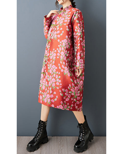 ellazhu Women's Jacquard Floral Trench Coat Oversized Chinese Style Long Sleeve Button Down Midi Jacket Ethnic GZ858