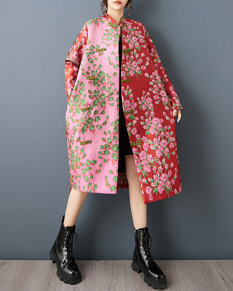 ellazhu Women's Jacquard Floral Trench Coat Oversized Chinese Style Long Sleeve Button Down Midi Jacket Ethnic GZ858