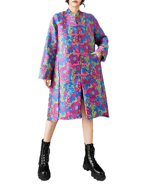 ellazhu Women's Jacquard Floral Trench Coat Chinese Style Oversized Frog Button Long Sleeve Stand Collar Midi Jacket GZ859