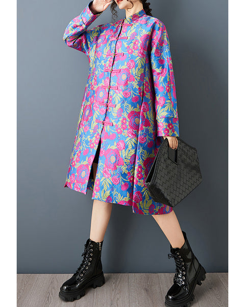 ellazhu Women's Jacquard Floral Trench Coat Chinese Style Oversized Frog Button Long Sleeve Stand Collar Midi Jacket GZ859