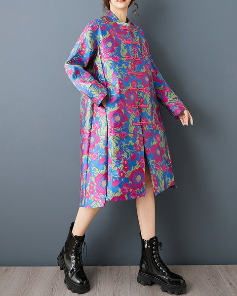 ellazhu Women's Jacquard Floral Trench Coat Chinese Style Oversized Frog Button Long Sleeve Stand Collar Midi Jacket GZ859