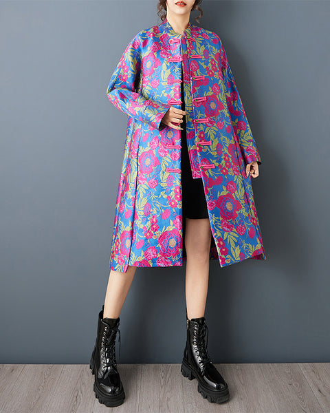 ellazhu Women's Jacquard Floral Trench Coat Chinese Style Oversized Frog Button Long Sleeve Stand Collar Midi Jacket GZ859
