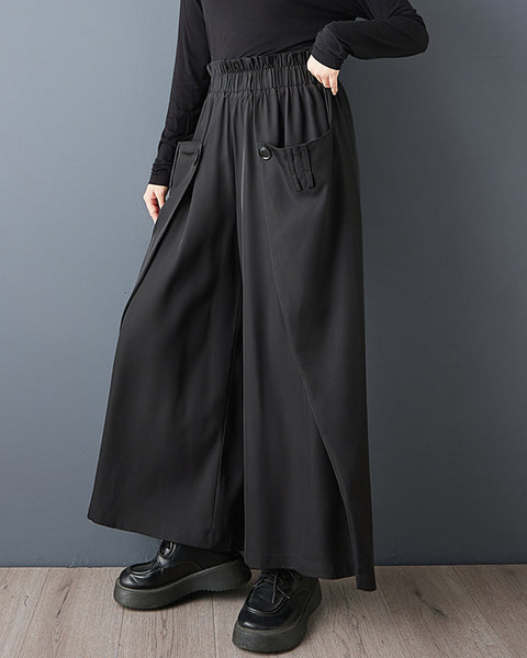 ellazhu Women's Wide Leg Pants High Waist Palazzo Trousers Loose Button Detail Casual Full Length Pants GZ861