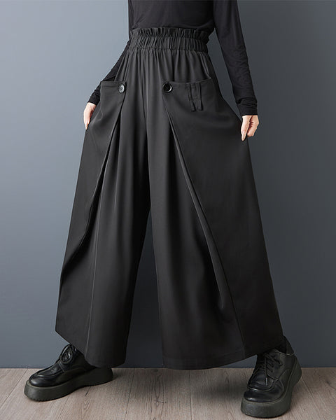 ellazhu Women's Wide Leg Pants High Waist Palazzo Trousers Loose Button Detail Casual Full Length Pants GZ861