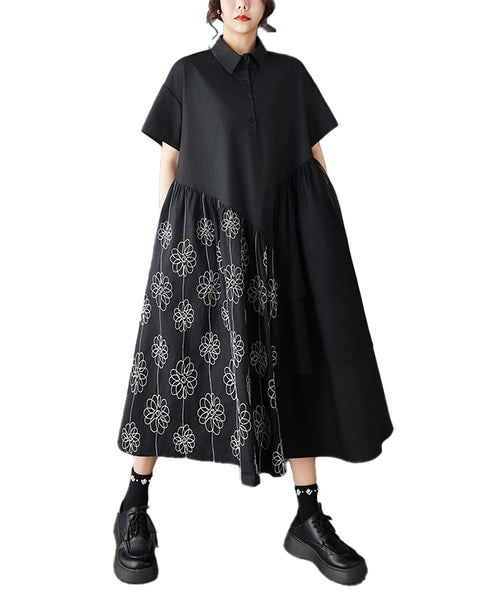 ellazhu Women's Embroidered Mesh Patchwork Dress Oversized Short Sleeve Shirt Dress Loose Asymmetrical Midi Dress GZ862