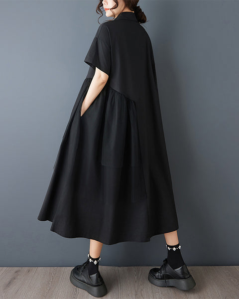 ellazhu Women's Embroidered Mesh Patchwork Dress Oversized Short Sleeve Shirt Dress Loose Asymmetrical Midi Dress GZ862