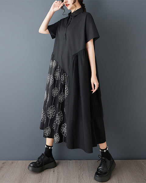ellazhu Women's Embroidered Mesh Patchwork Dress Oversized Short Sleeve Shirt Dress Loose Asymmetrical Midi Dress GZ862