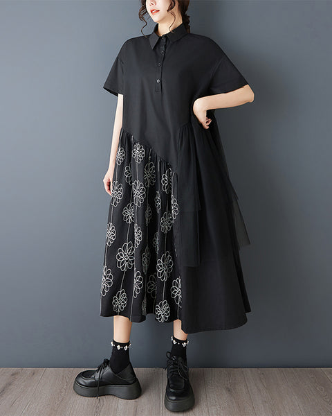 ellazhu Women's Embroidered Mesh Patchwork Dress Oversized Short Sleeve Shirt Dress Loose Asymmetrical Midi Dress GZ862