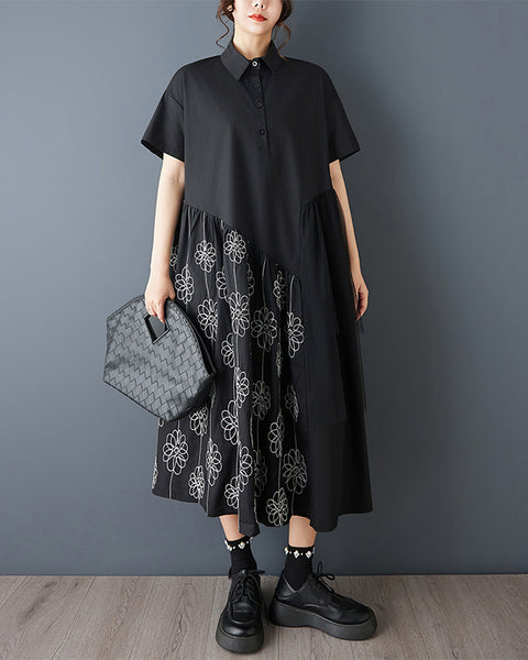 ellazhu Women's Embroidered Mesh Patchwork Dress Oversized Short Sleeve Shirt Dress Loose Asymmetrical Midi Dress GZ862