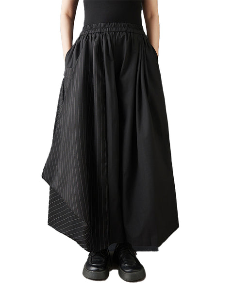 ellazhu Women's Asymmetric Wide Leg Pants Patchwork Striped Loose Palazzo Trousers Elastic Waist Casual Fashion GZ863