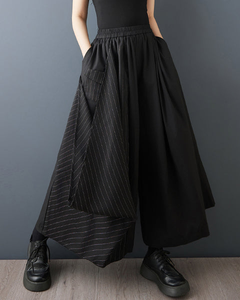 ellazhu Women's Asymmetric Wide Leg Pants Patchwork Striped Loose Palazzo Trousers Elastic Waist Casual Fashion GZ863