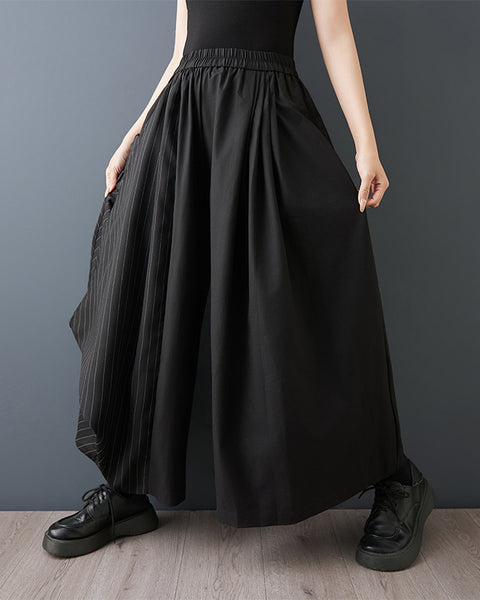 ellazhu Women's Asymmetric Wide Leg Pants Patchwork Striped Loose Palazzo Trousers Elastic Waist Casual Fashion GZ863