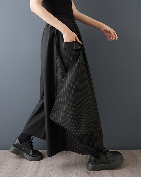 ellazhu Women's Asymmetric Wide Leg Pants Patchwork Striped Loose Palazzo Trousers Elastic Waist Casual Fashion GZ863