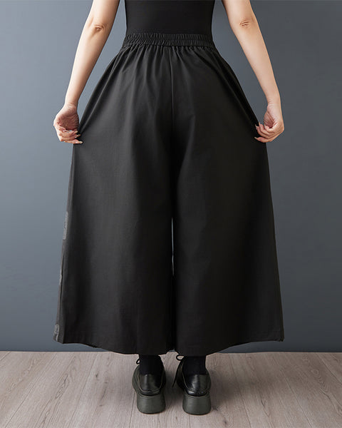ellazhu Women's Asymmetric Wide Leg Cropped Pants Pleated Floral Print Loose Skirted Trousers Casual Fashion GZ864