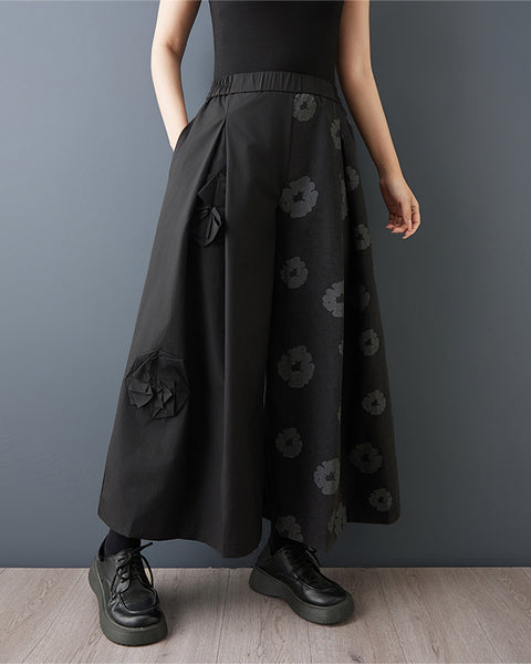 ellazhu Women's Asymmetric Wide Leg Cropped Pants Pleated Floral Print Loose Skirted Trousers Casual Fashion GZ864
