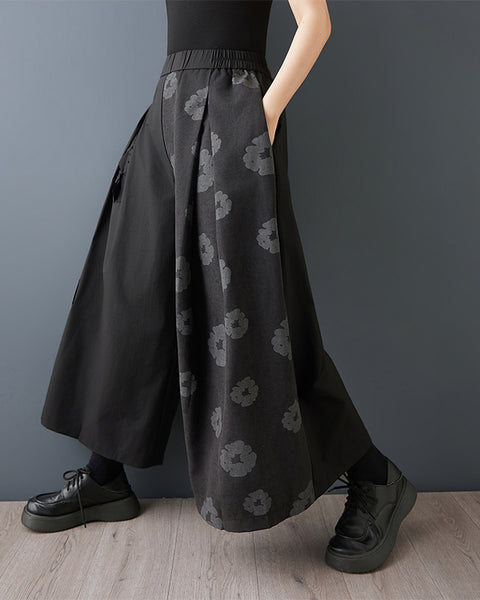 ellazhu Women's Asymmetric Wide Leg Cropped Pants Pleated Floral Print Loose Skirted Trousers Casual Fashion GZ864