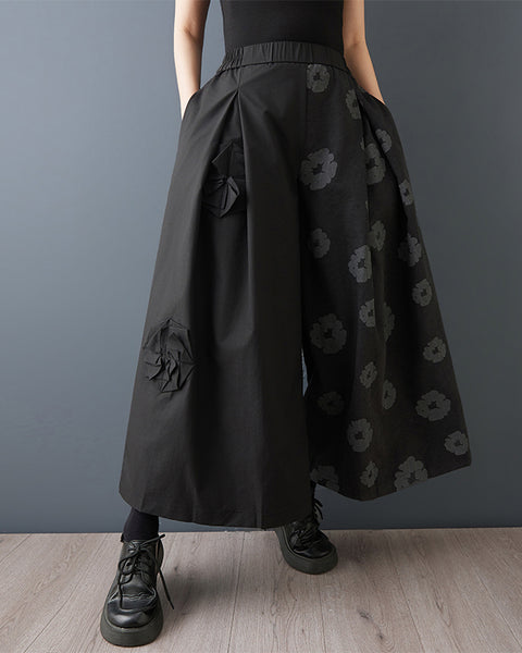 ellazhu Women's Asymmetric Wide Leg Cropped Pants Pleated Floral Print Loose Skirted Trousers Casual Fashion GZ864
