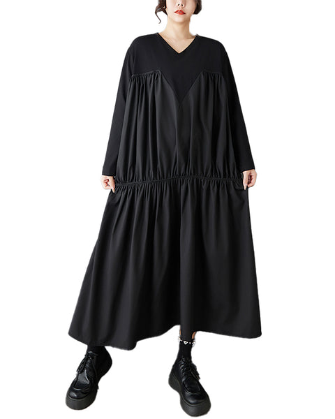 ellazhu Women's Oversized V Neck Long Sleeve Maxi Dress Loose Fit Patchwork Flowy Casual A Line Dress Plus Size GZ866