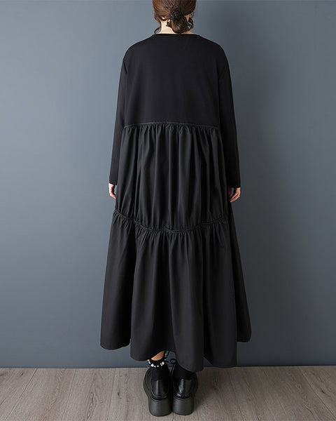 ellazhu Women's Oversized V Neck Long Sleeve Maxi Dress Loose Fit Patchwork Flowy Casual A Line Dress Plus Size GZ866