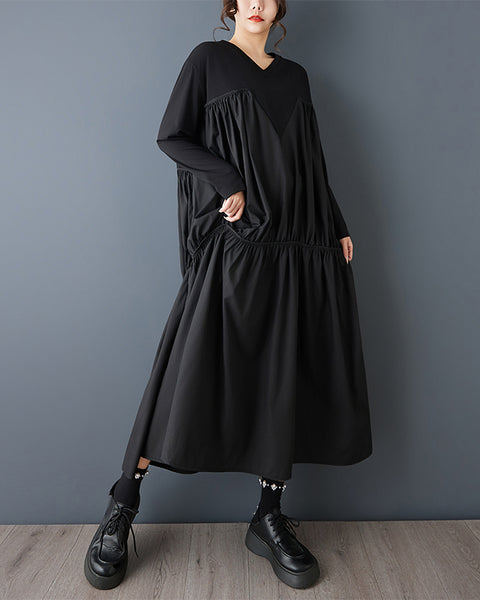 ellazhu Women's Oversized V Neck Long Sleeve Maxi Dress Loose Fit Patchwork Flowy Casual A Line Dress Plus Size GZ866