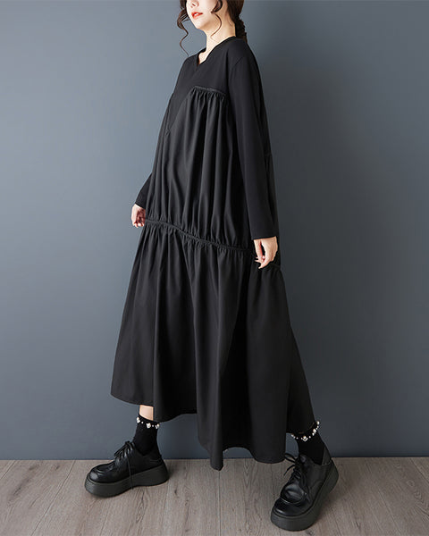 ellazhu Women's Oversized V Neck Long Sleeve Maxi Dress Loose Fit Patchwork Flowy Casual A Line Dress Plus Size GZ866