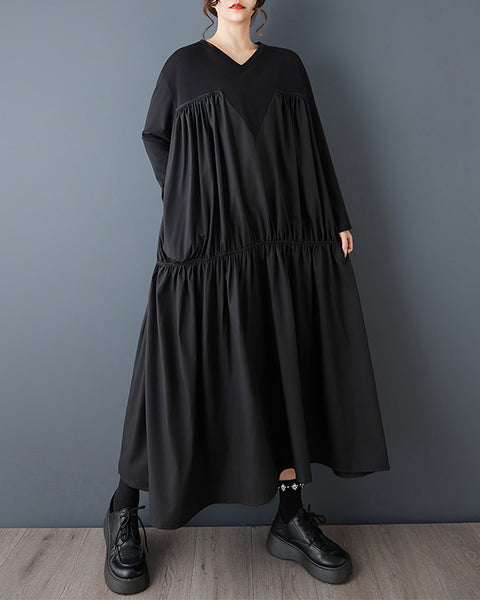 ellazhu Women's Oversized V Neck Long Sleeve Maxi Dress Loose Fit Patchwork Flowy Casual A Line Dress Plus Size GZ866
