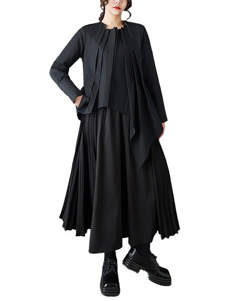 ellazhu Women's Asymmetrical Pleated Blouse Oversized Long Sleeve Loose Tunic Shirt Irregular Hem Solid Designer Top GZ867