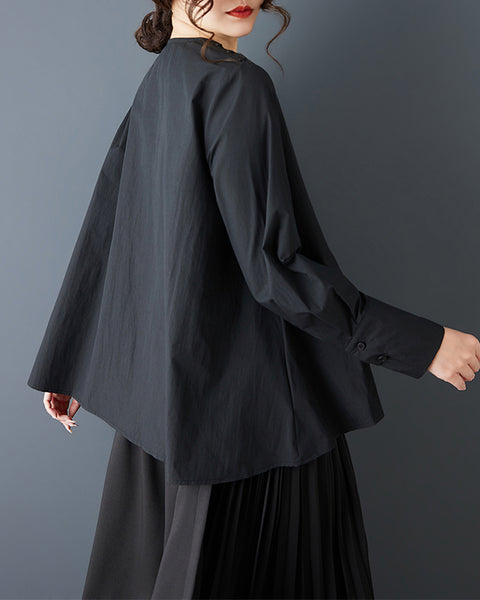 ellazhu Women's Asymmetrical Pleated Blouse Oversized Long Sleeve Loose Tunic Shirt Irregular Hem Solid Designer Top GZ867