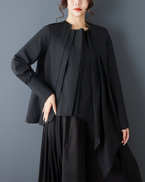 ellazhu Women's Asymmetrical Pleated Blouse Oversized Long Sleeve Loose Tunic Shirt Irregular Hem Solid Designer Top GZ867
