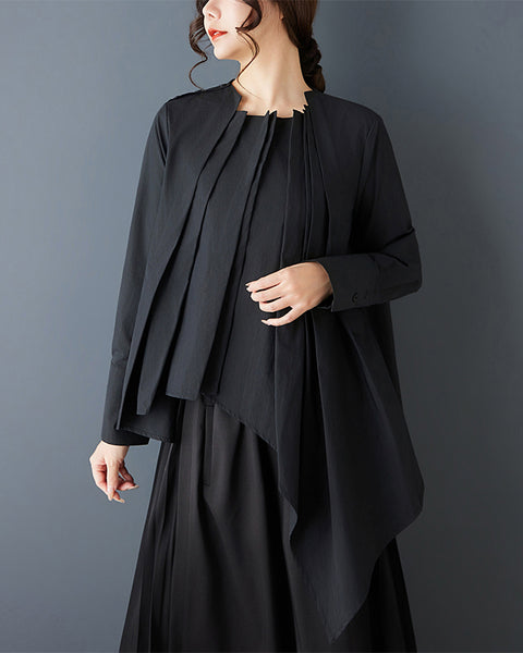 ellazhu Women's Asymmetrical Pleated Blouse Oversized Long Sleeve Loose Tunic Shirt Irregular Hem Solid Designer Top GZ867