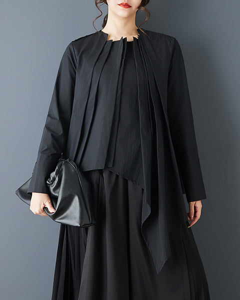 ellazhu Women's Asymmetrical Pleated Blouse Oversized Long Sleeve Loose Tunic Shirt Irregular Hem Solid Designer Top GZ867