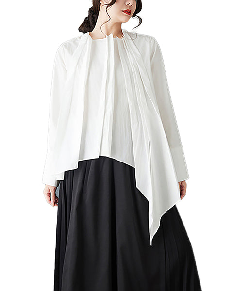 ellazhu Women's Asymmetrical Pleated Blouse Oversized Long Sleeve Loose Tunic Shirt Irregular Hem Solid Designer Top GZ867