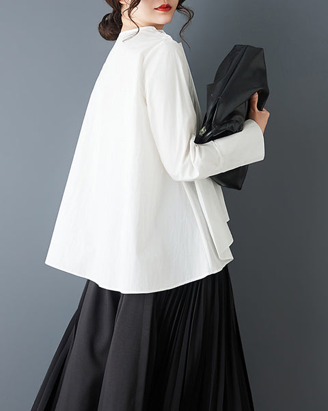 ellazhu Women's Asymmetrical Pleated Blouse Oversized Long Sleeve Loose Tunic Shirt Irregular Hem Solid Designer Top GZ867