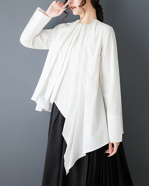 ellazhu Women's Asymmetrical Pleated Blouse Oversized Long Sleeve Loose Tunic Shirt Irregular Hem Solid Designer Top GZ867